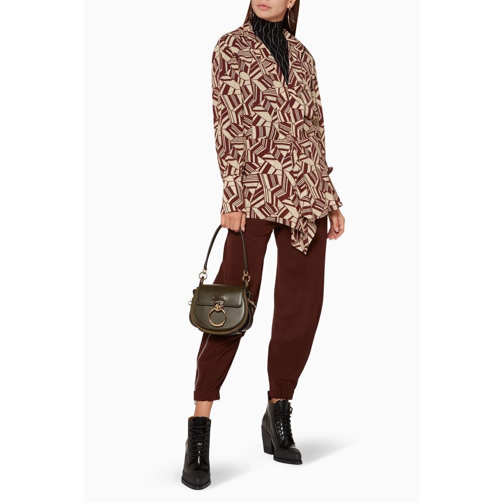 Chloé Silk Geometric Print Peplum Blouse V Neck Brown Beige Size EU 38 US 6